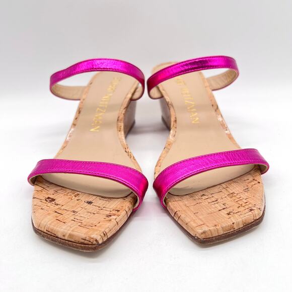 STUART WEITZMAN Aleena 50 Wedge Sandal Womens 8 Metallic Hot Pink Slide Cork - Picture 2 of 10